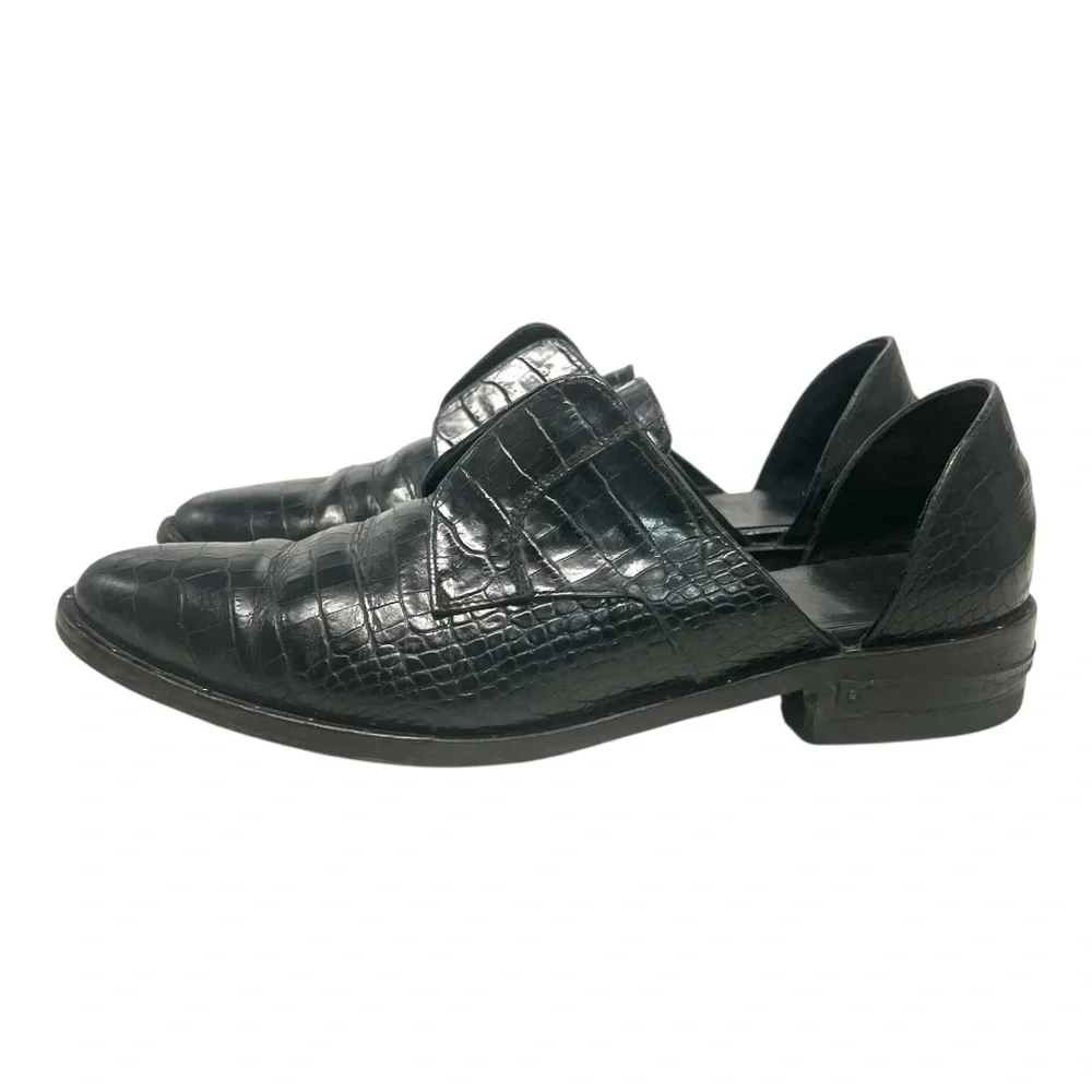 Freda Salvador Black Leather Croc Embossed D'Orsay Slip On Loafer Flat Women 7.5 - Picture 3 of 15